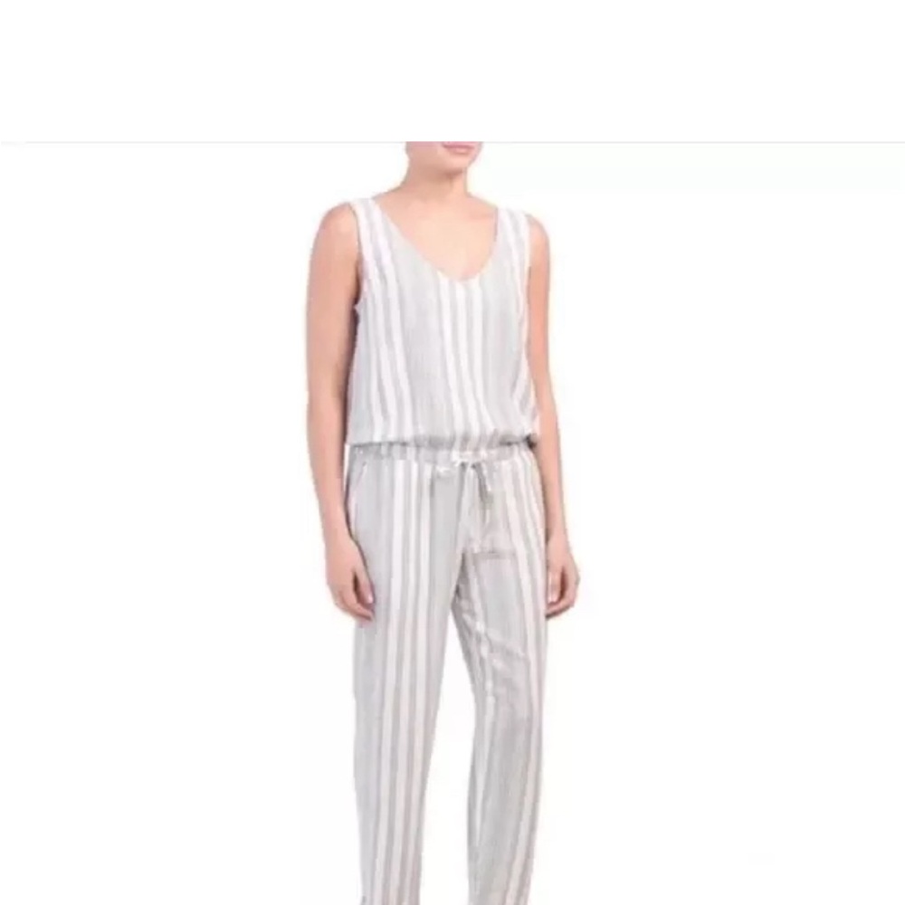 Anthropologie Cloth &‎ Stone Jumpsuit Gray Striped Linen Blend Size L